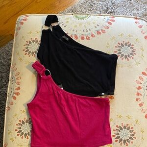 Stylish Black and Pink One-Shoulder Tops Cropped